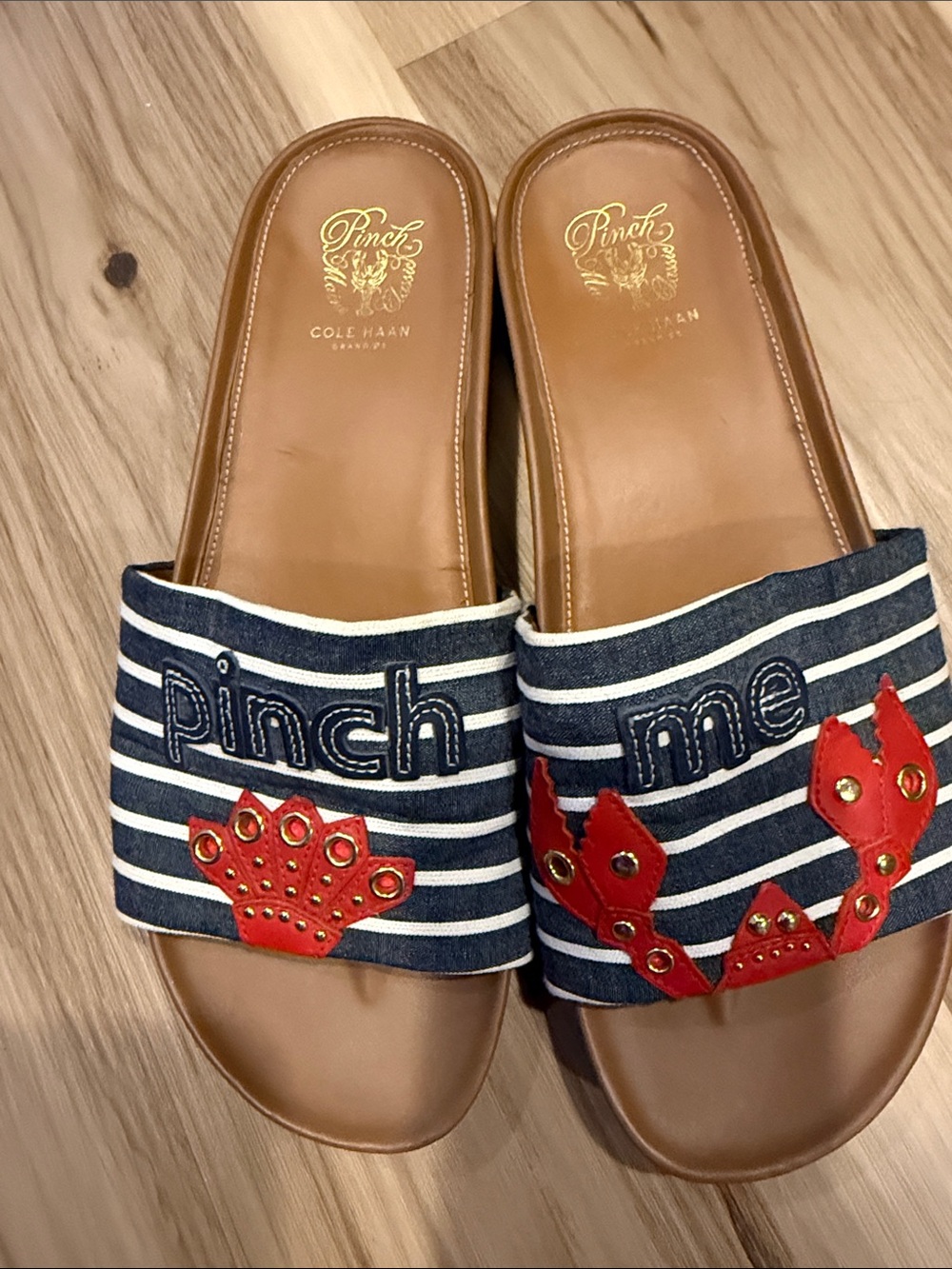 Cole Haan Pinch Me Striped Navy & White Slide Sandals with Red Embellishment